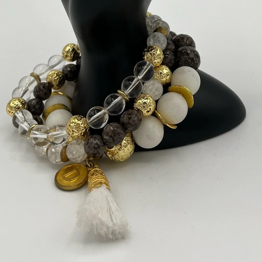 Stackable Acrylic Bead Bracelets Set of 3 Gold Tone Initial D Charm Tassel